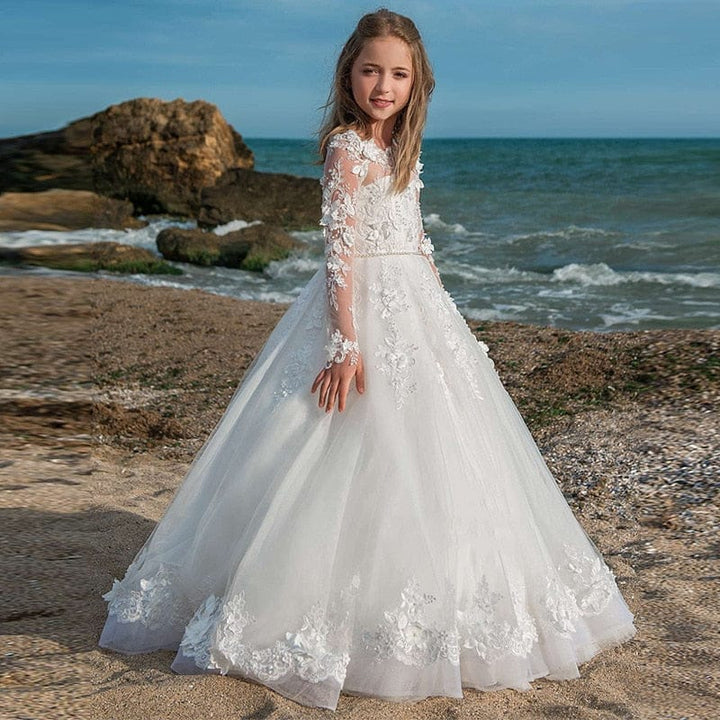 Long Sleeve White Lace Evening Dress For Girls BENNYS 