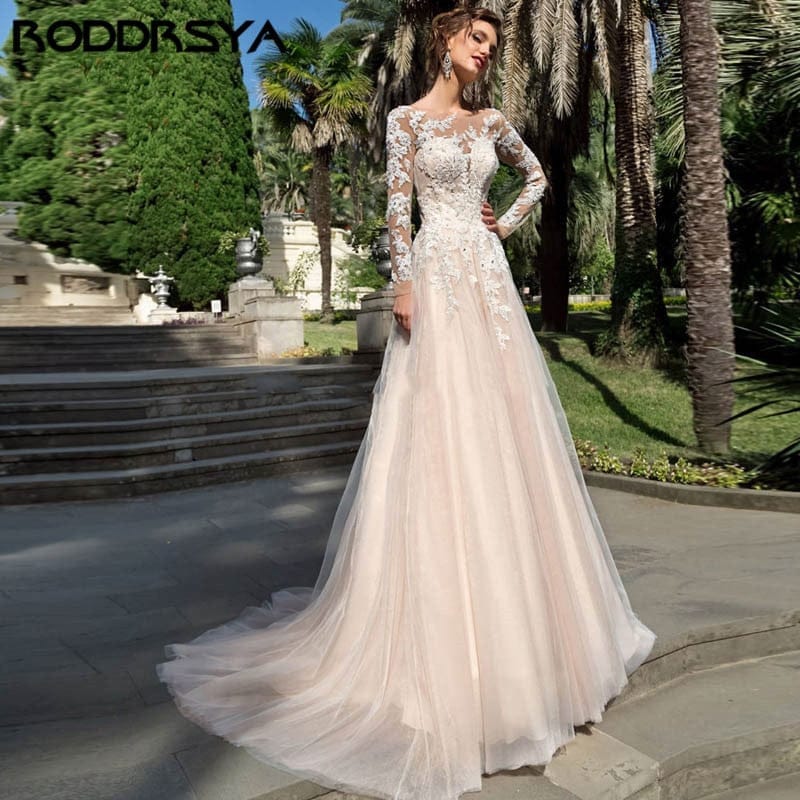 A Line Wedding Dresses Long Sleeves Lace Wedding Gowns Sheer Neck Bridal  Gowns