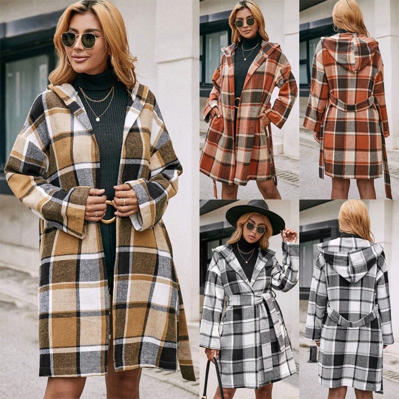 Loose Casual Plaid Mid-length Belted Hood BENNYS 