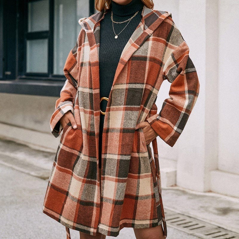 Loose Casual Plaid Mid-length Belted Hood BENNYS 