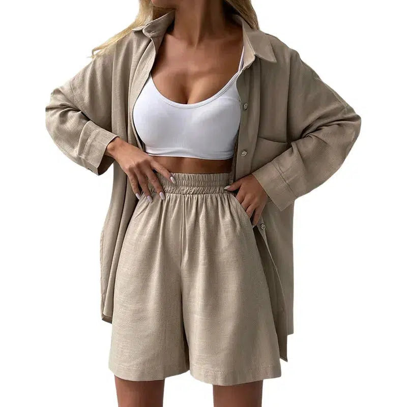 Loose Long Sleeve Button-up Shirt and Casual High Waist Short Bennys Beauty World