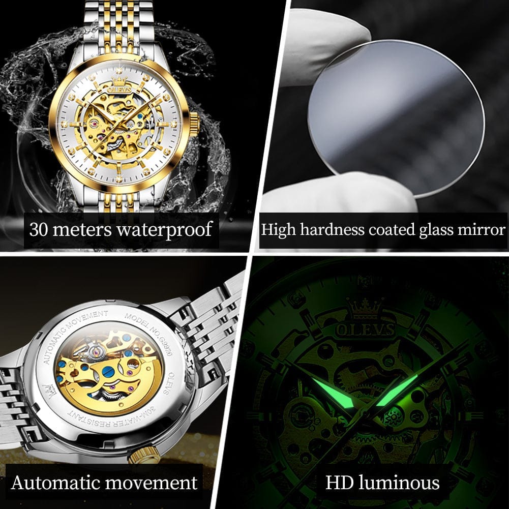 OLEVS Automatic Watches for Men Gold Luxury Skeleton Mechanical