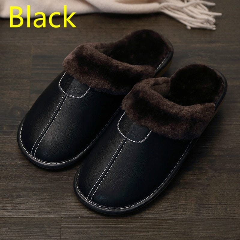 Men Slippers Black New Winter PU Leather Slippers Warm Indoor Slipper BENNYS 