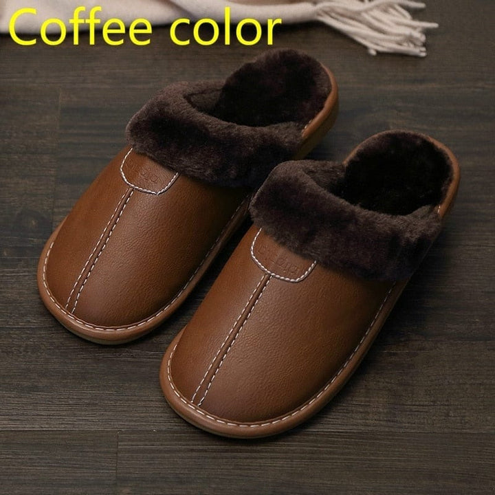 Men Slippers Black New Winter PU Leather Slippers Warm Indoor Slipper BENNYS 