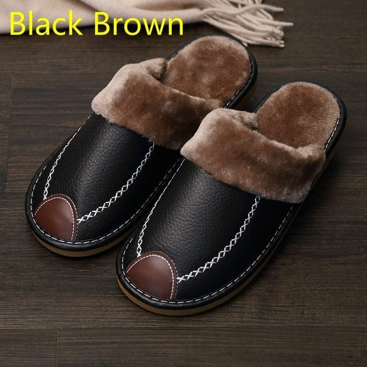 Men Slippers Black New Winter PU Leather Slippers Warm Indoor Slipper BENNYS 