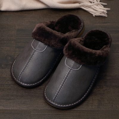 Men Slippers Black New Winter PU Leather Slippers Warm Indoor Slipper BENNYS 