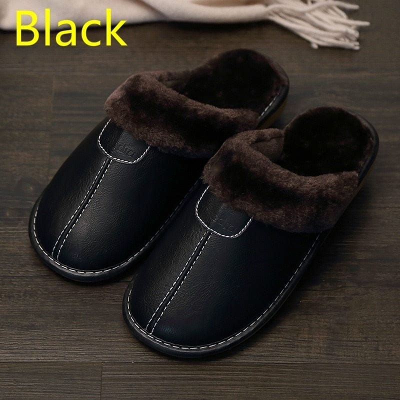 Men Slippers Black New Winter PU Leather Slippers Warm Indoor Slipper BENNYS 