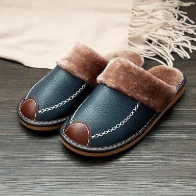 Men Slippers Black New Winter PU Leather Slippers Warm Indoor Slipper BENNYS 