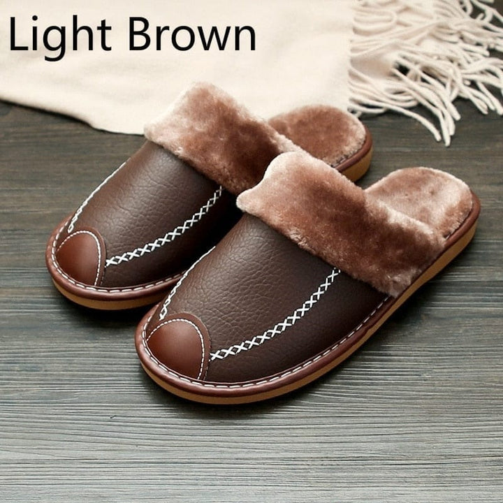 Men Slippers Black New Winter PU Leather Slippers Warm Indoor Slipper BENNYS 