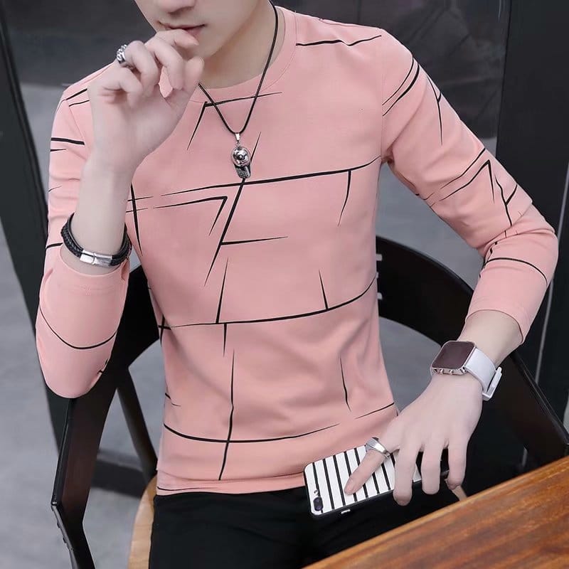 Men's Long Sleeve T-shirt Stripe Shirt New O-Neck Casual Pink White & Black BENNYS 