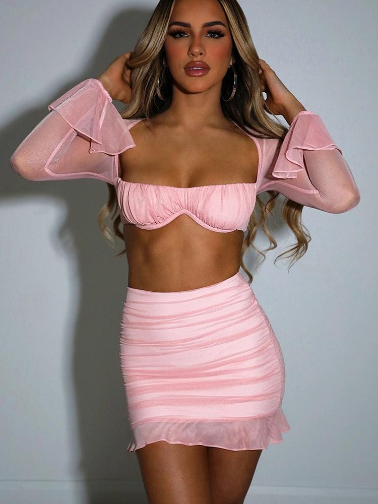 Mesh Sexy Dress Set Women Strapless Full Sleeve Crop Top And Mini Skirt BENNYS 