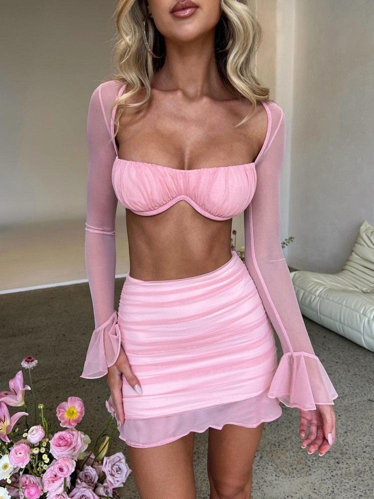 Mesh Sexy Dress Set Women Strapless Full Sleeve Crop Top And Mini Skirt BENNYS 