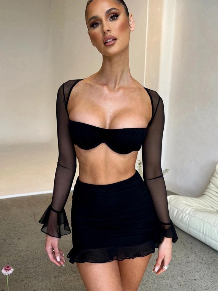 Mesh Sexy Dress Set Women Strapless Full Sleeve Crop Top And Mini Skirt BENNYS 