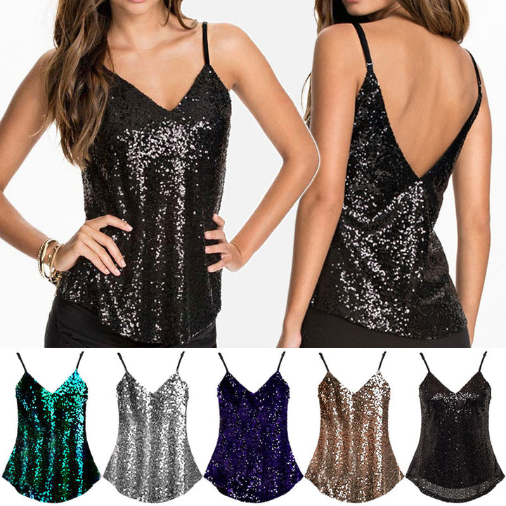 Women Sleeveless Sexy Blouse Sequinned Strappy V Neck Camis Tank Top