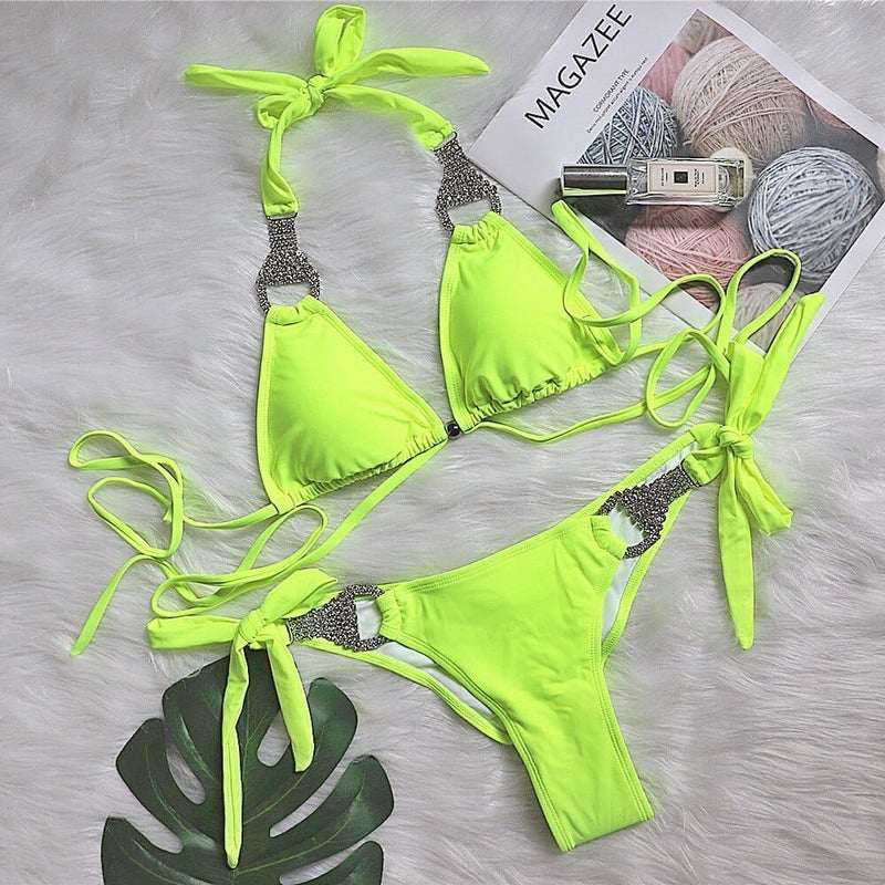 Neon Green Swimsuit Women Diamond Halter-Neck Bikini BENNYS 