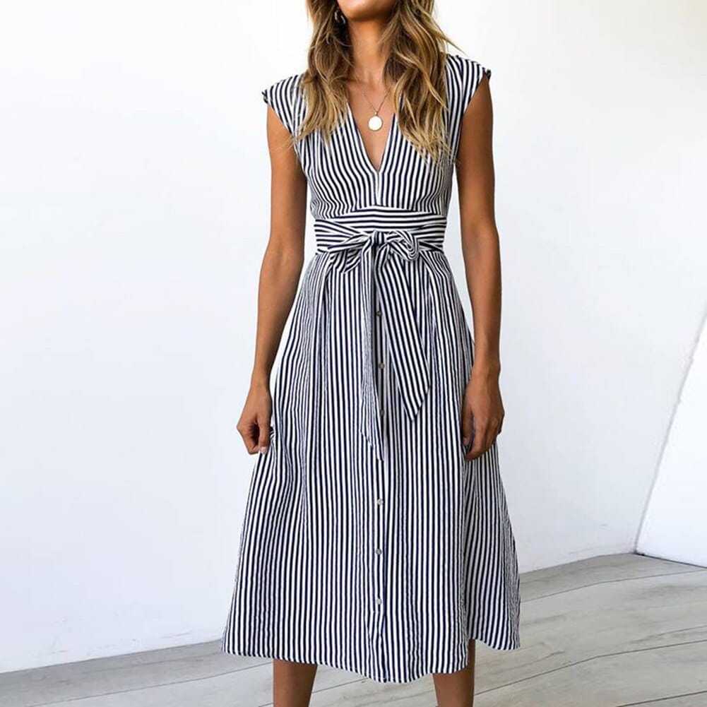 New Arrival Summer Solid Color Striped Women V Neck Sleeveless Belted BENNYS 