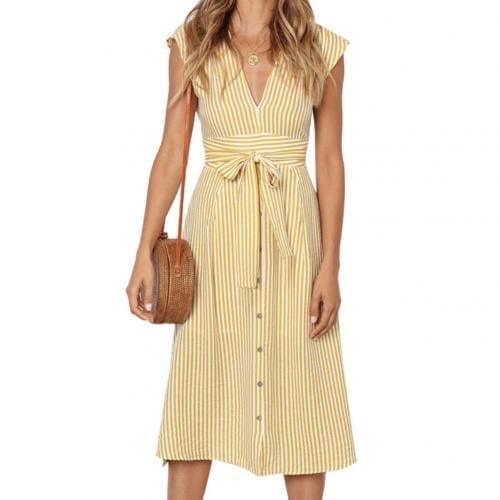 New Arrival Summer Solid Color Striped Women V Neck Sleeveless Belted BENNYS 