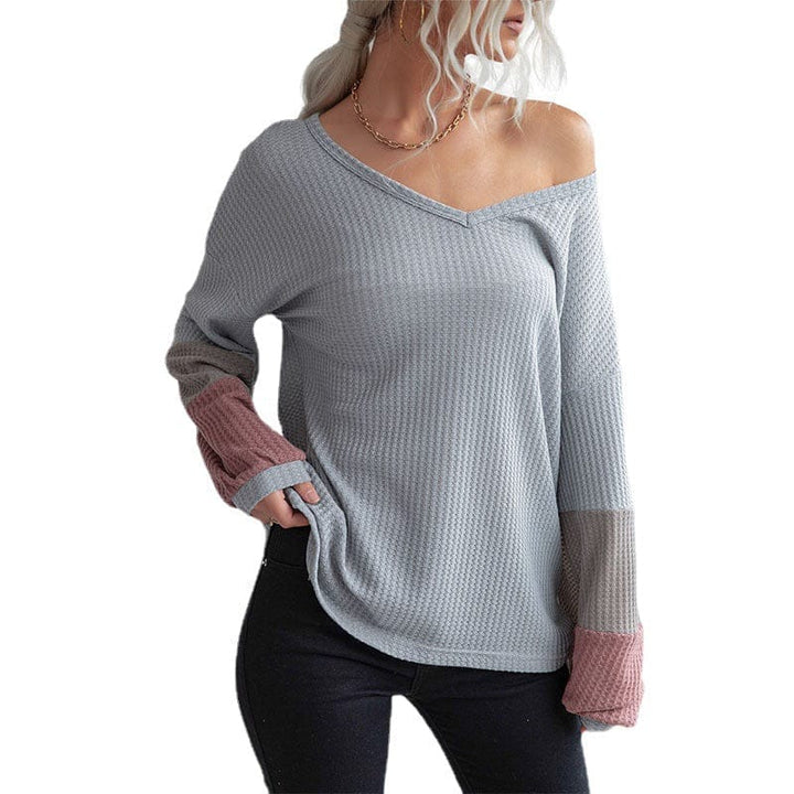 New Color Blocking Long Sleeve Waffle V-neck Pullover Knitted Top BENNYS 