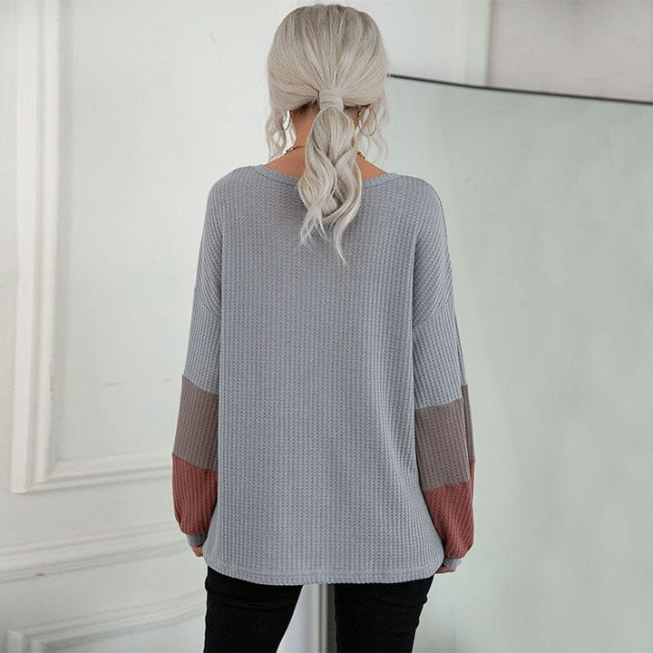 New Color Blocking Long Sleeve Waffle V-neck Pullover Knitted Top BENNYS 