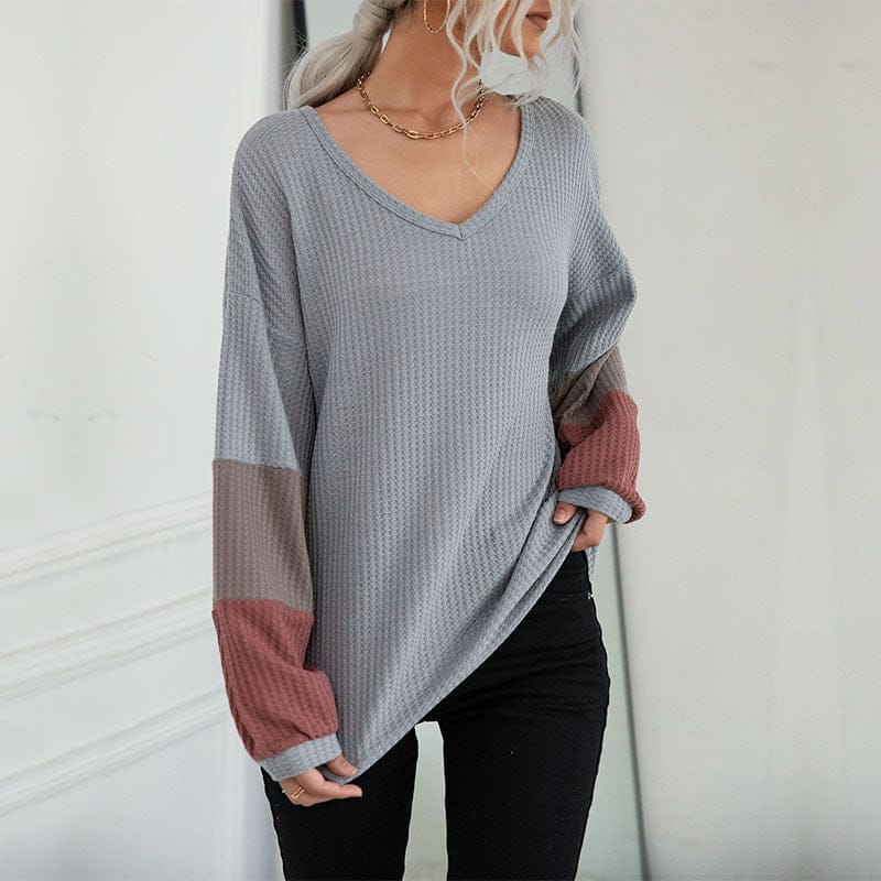 New Color Blocking Long Sleeve Waffle V-neck Pullover Knitted Top BENNYS 