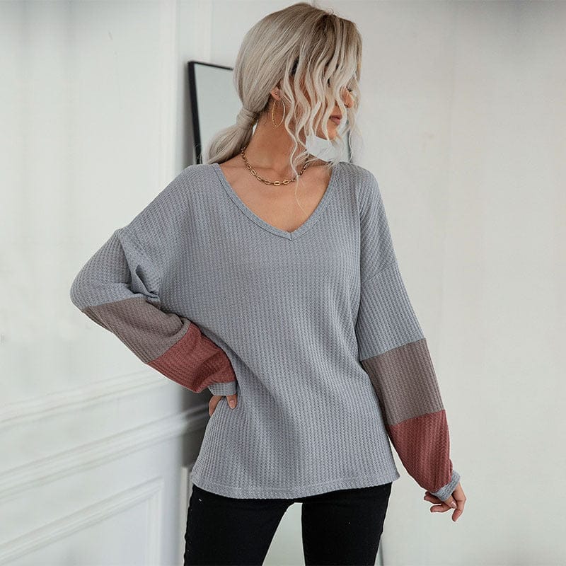 New Color Blocking Long Sleeve Waffle V-neck Pullover Knitted Top BENNYS 