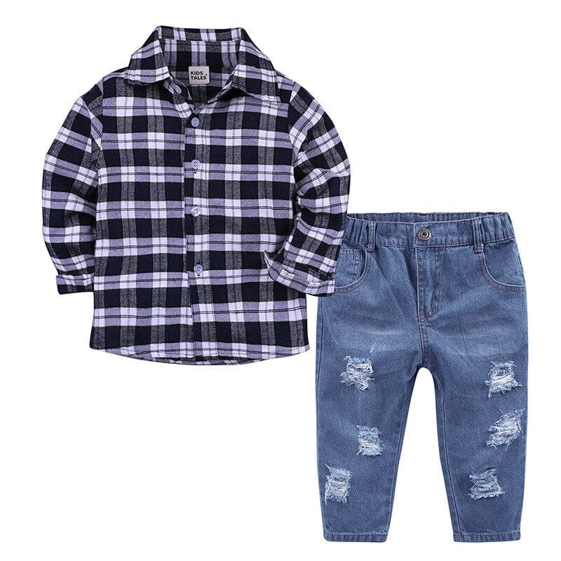 New Fashion Kids Clothes Baby Clothes Plaid shirt + Jeans 2 Pieces Set BENNYS 