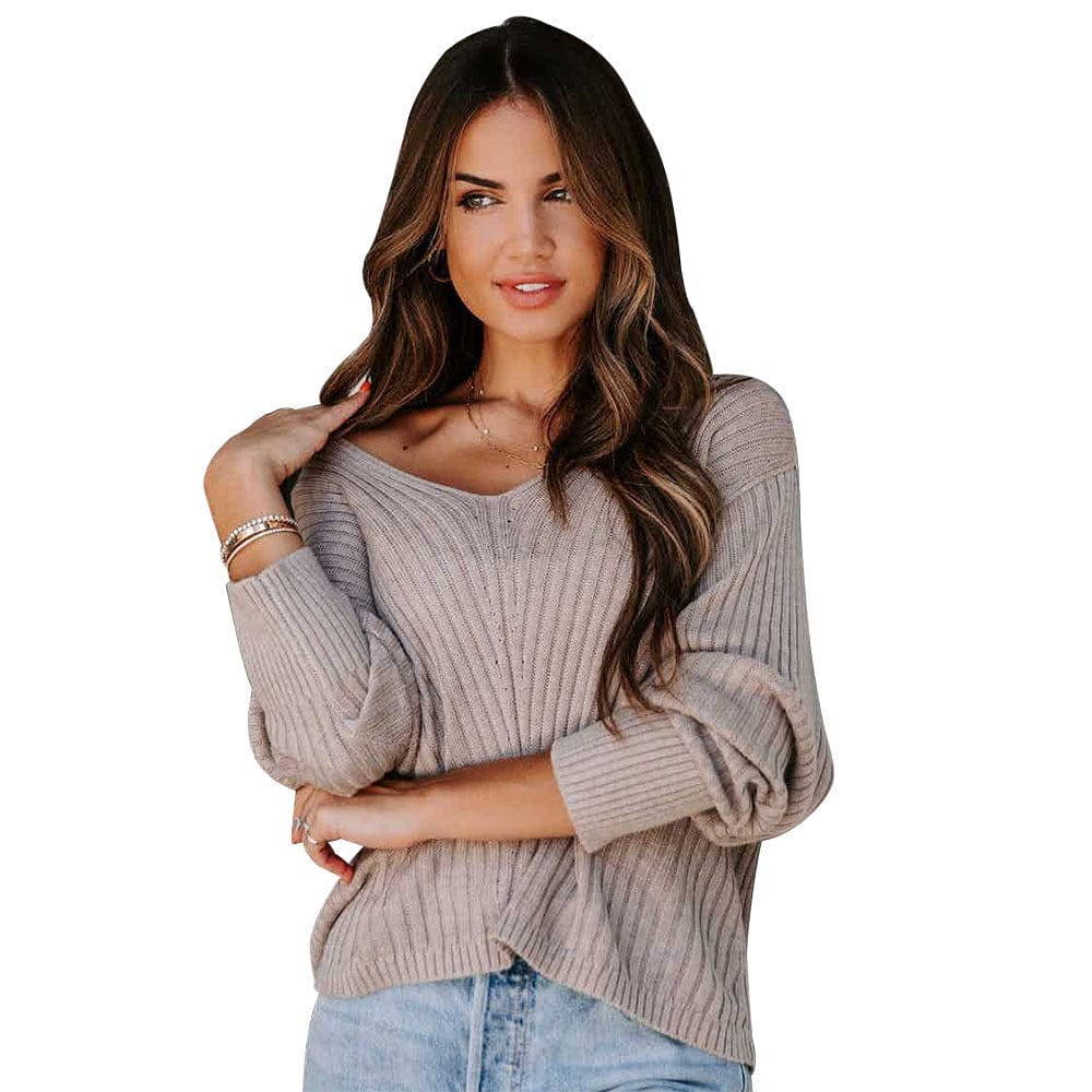 New Fashion Solid Color Long Sleeve V-neck Loose Casual Sweater BENNYS 