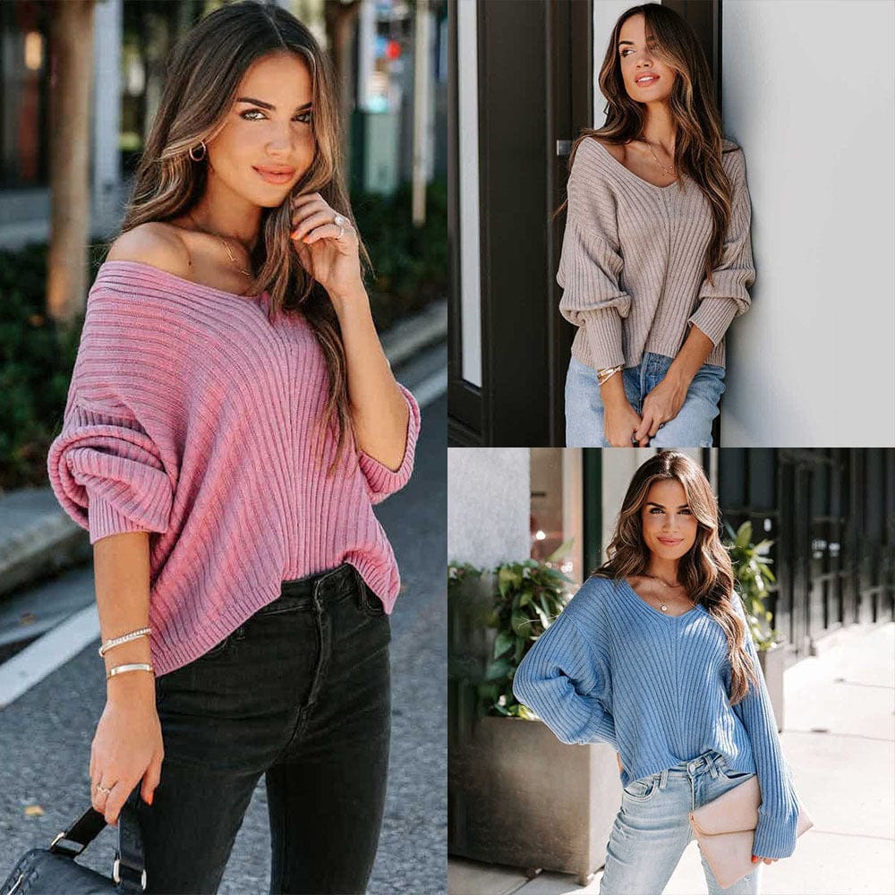 New Fashion Solid Color Long Sleeve V-neck Loose Casual Sweater BENNYS 