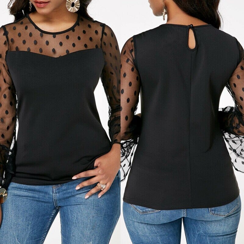 New Fashion Style Women Elegant Lace Sheer Long Sleeve O-neck Tops BENNYS 