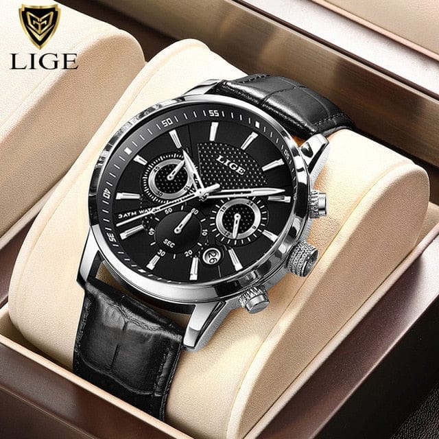 New Men s Watches LIGE Top Brand Luxury Leather Casual Quartz