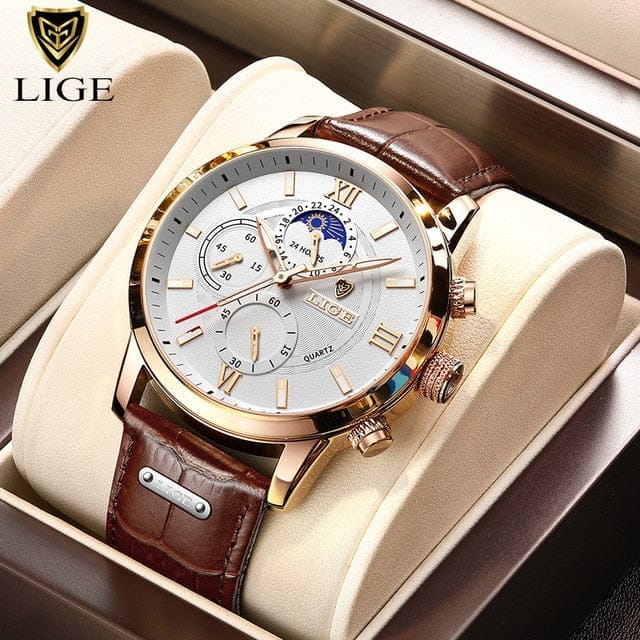 New Men s Watches LIGE Top Brand Luxury Leather Casual Quartz