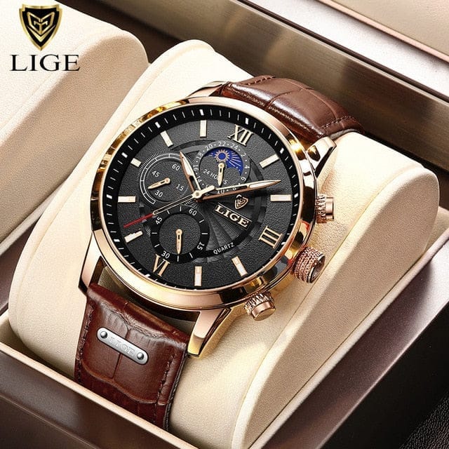 New Men s Watches LIGE Top Brand Luxury Leather Casual Quartz