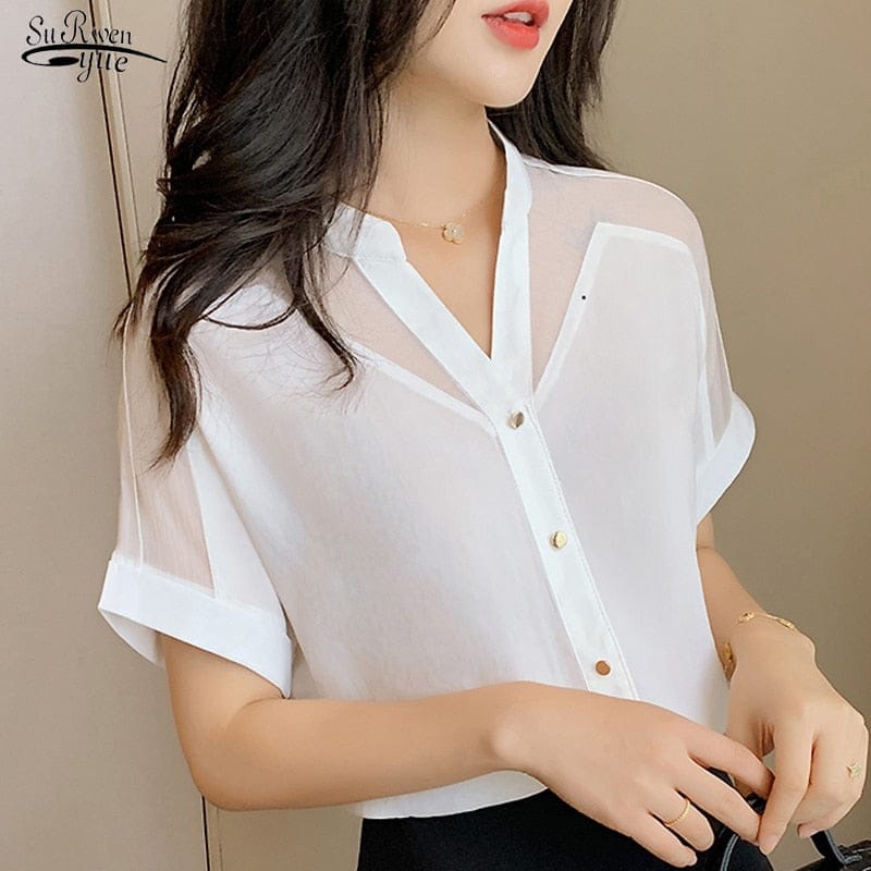 New Style Short-Sleeved Top Women's Fashion Solid Color Mesh Blouse BENNYS 