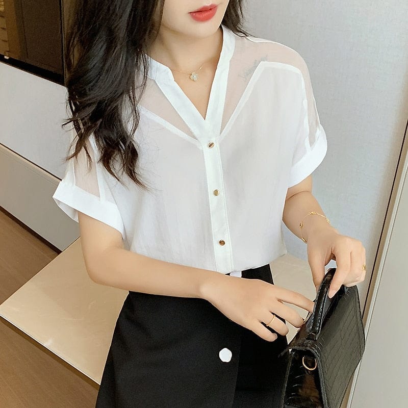 New Style Short-Sleeved Top Women's Fashion Solid Color Mesh Blouse BENNYS 