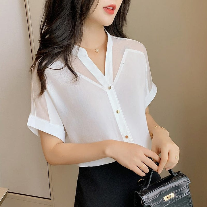 New Style Short-Sleeved Top Women's Fashion Solid Color Mesh Blouse BENNYS 