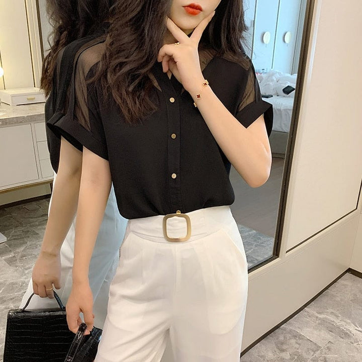 New Style Short-Sleeved Top Women's Fashion Solid Color Mesh Blouse BENNYS 