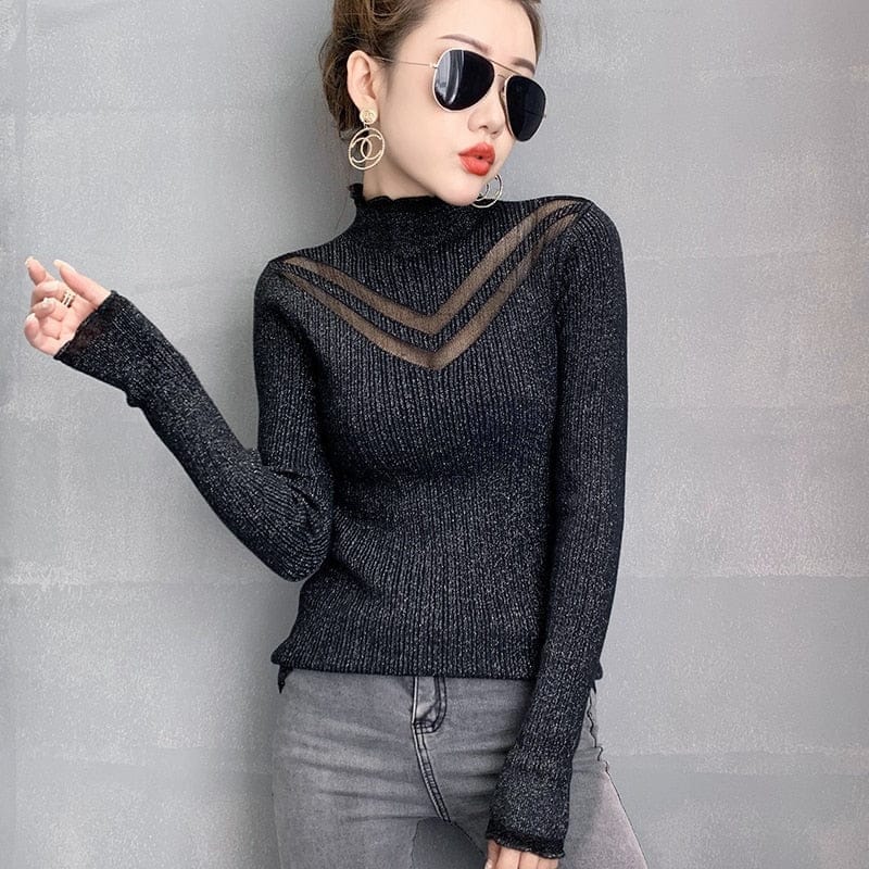 New Winter Hollow Out Net Yarn Splicing Knit Turtle Neck Sweater For Women BENNYS 