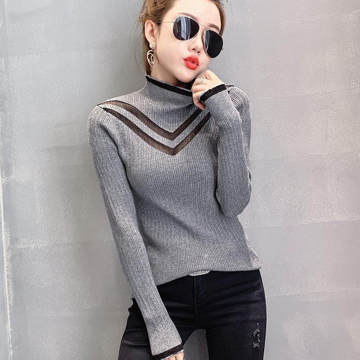 New Winter Hollow Out Net Yarn Splicing Knit Turtle Neck Sweater For Women BENNYS 