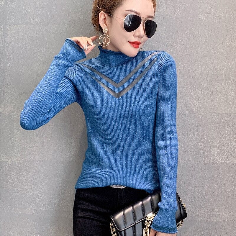 New Winter Hollow Out Net Yarn Splicing Knit Turtle Neck Sweater For Women BENNYS 