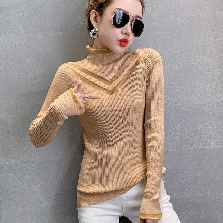 New Winter Hollow Out Net Yarn Splicing Knit Turtle Neck Sweater For Women BENNYS 