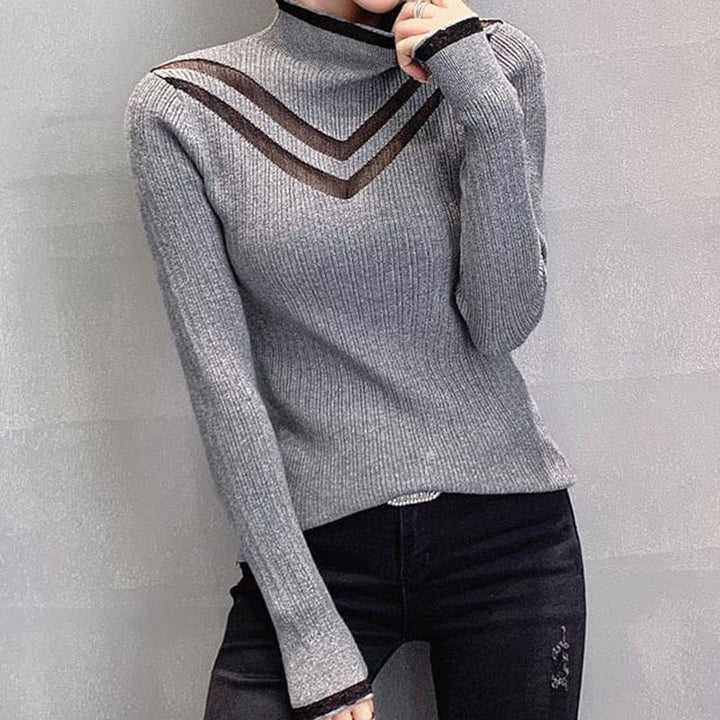 New Winter Hollow Out Net Yarn Splicing Knit Turtle Neck Sweater For Women BENNYS 