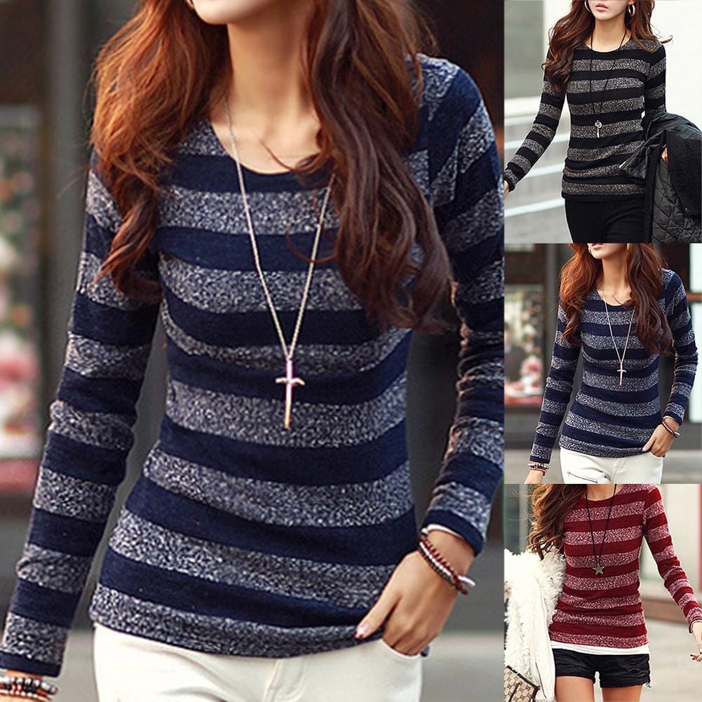 New Women Fashion Striped Long Sleeve Round Neck Pullover Slim Fit Top BENNYS 