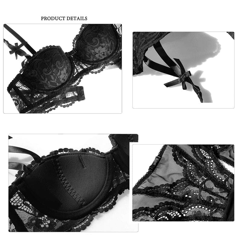 YIONTAN Women's Half-Cup Lace Bra and Panty set Sexy Push-up Bra with  Underwire Eye& Hook Close Black at  Women's Clothing store