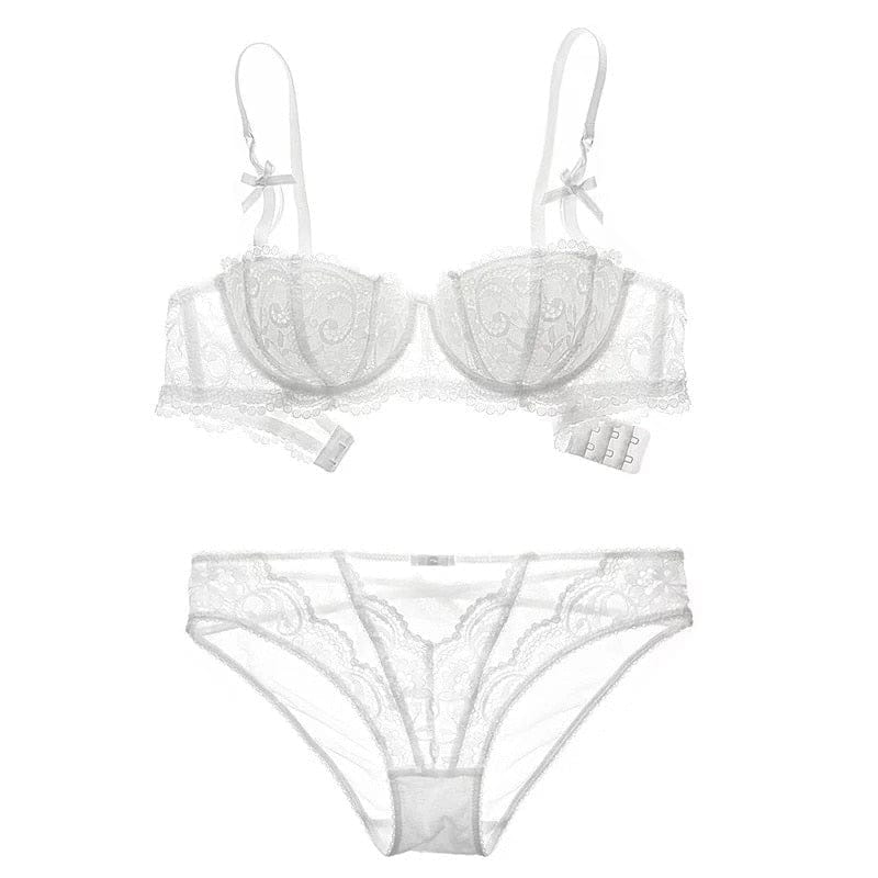 Exquisite” White Lace Plunge Pushup Bra Sexy Thong Set - StyleOFF