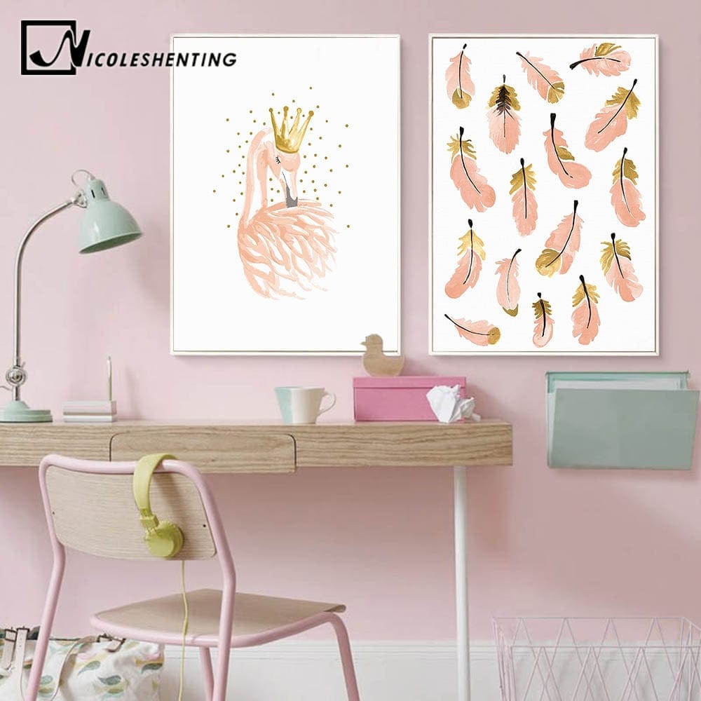 Nursery Girl Bedroom Decoration Flamingo Feather Wall Art BENNYS 