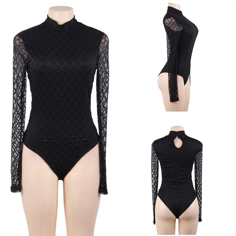 Office Lady Black Bodysuit Long Sleeve Body-con Top BENNYS 