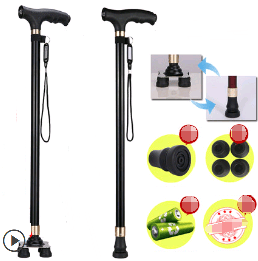 Old man's walking stick, old man, walking stick, light cane, four-legged, multi-function, walking, non-slip, walking stick, telescopic lamp BENNYS 