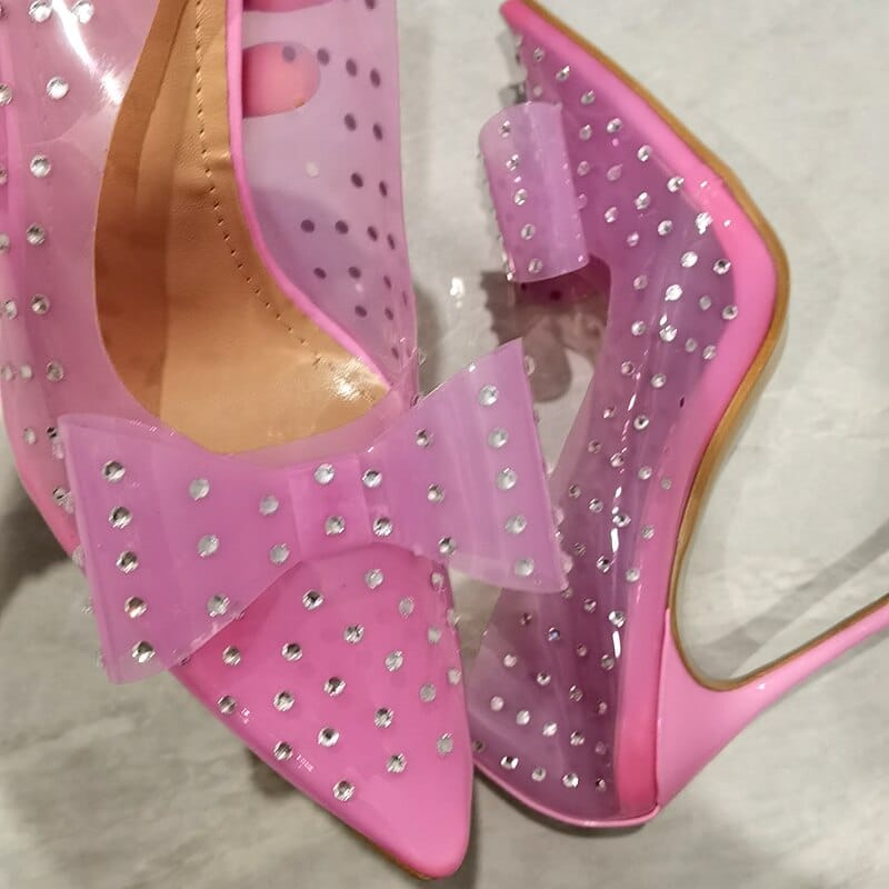 Pink Bowtie Rhinestone PVC Transparent Women Pumps BENNYS 