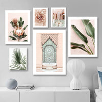 Pink Style Flower Poster Green Leaves Canvas Art Print BENNYS 