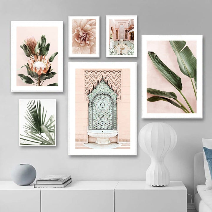 Pink Style Flower Poster Green Leaves Canvas Art Print BENNYS 